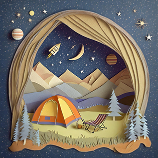 a cut-out paper graphic of a campground with stars and mountains and tents