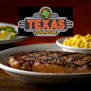 Texas Roadhouse logo above a plate with a steak on it