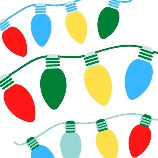 vector image of three strands of Christmas lights with red, blue, yellow and green bulbs