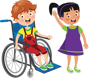 Two animated characters, one using a wheelchair and the other wearing hearing aids.