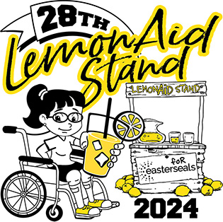 a black and white cartoon of a girl using a wheelchair and holding out a yellow glass of lemonade with a lemonade stand behind her and the words 28th LemonAid Stand 2024
