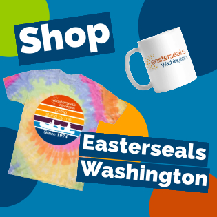 Graphic featuring a Easterseals Washington branded shirt and mug, with text that says 