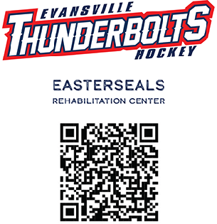 The words Evansville Thunderbolts hockey with a QR code 