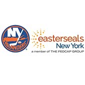 New York Islanders logo with white and orange lettering on blue background. Easterseals New York, a Member of The Fedcap Group logo in orange, blue and black lettering on white background.