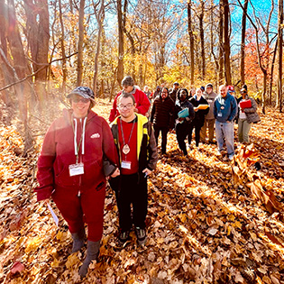 A group of campers walks through piles of fallen leaves in the woods in autumn