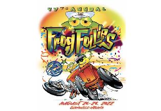 Frog Follies logo featuring a frog racing an orange street rod