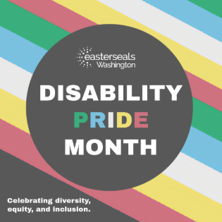 Disability Pride Month graphic with the disability pride flag stripes, and text that reads: celebrating diversity, equity, and inclusion.